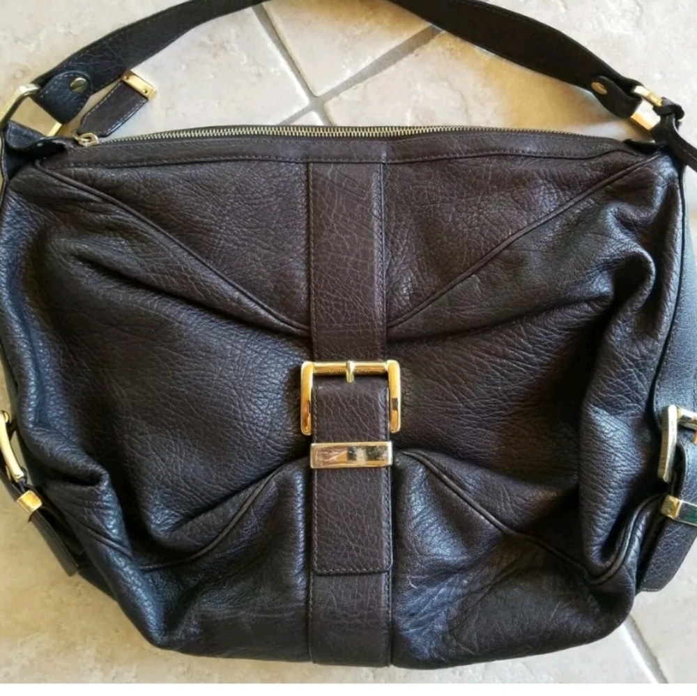 Michael Kors Large Leather Hobo‎ Style Eggplant Purse w/ Gold Buckle HandbagTex